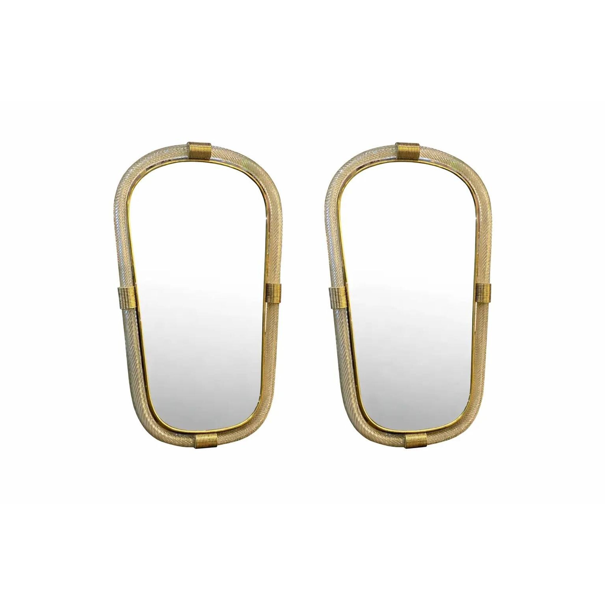 Elegant Pair of Murano Glass Mirrors in Gold Leaf, Italy, “Torciglione” Design