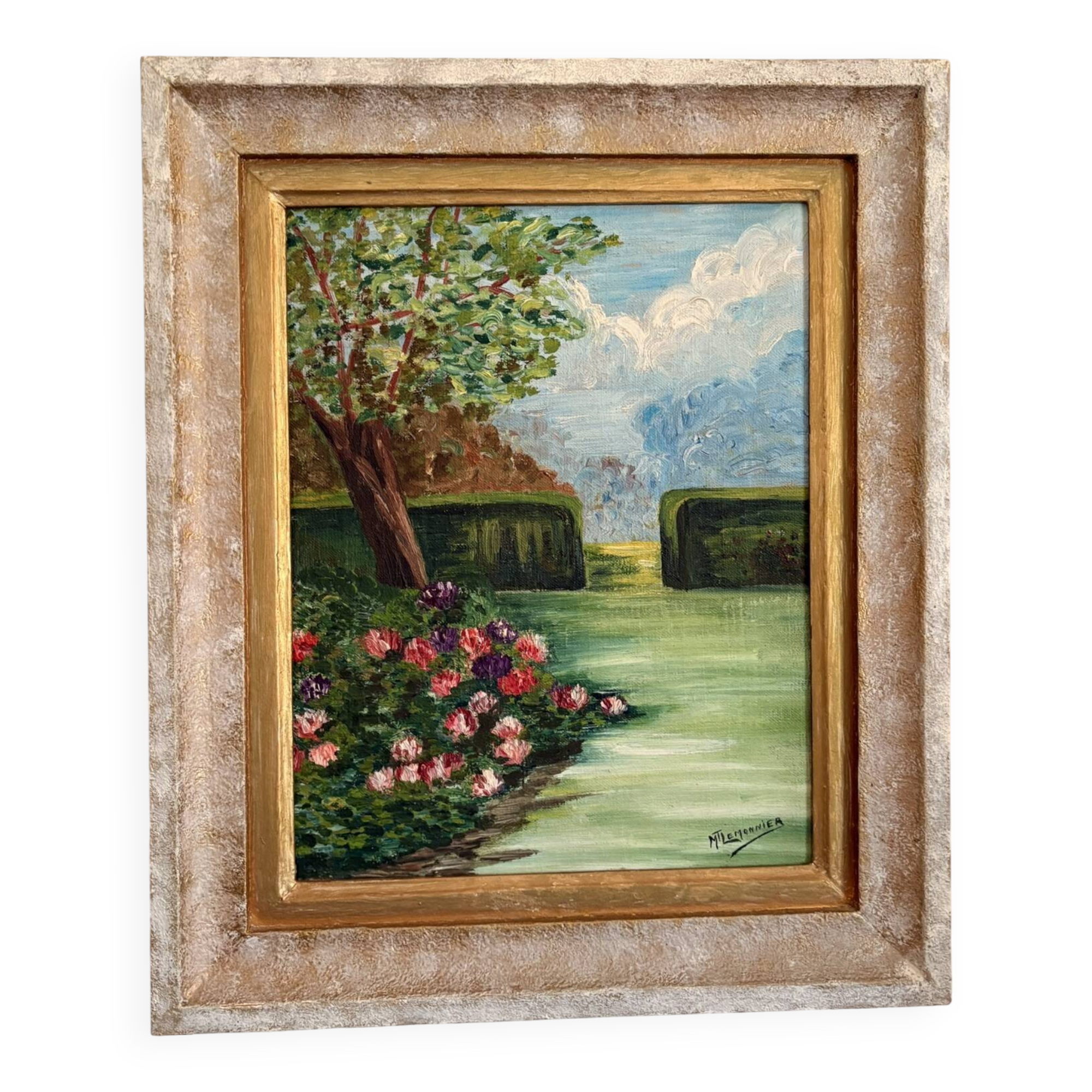 Old Oil Painting Canvas Garden Tree Flowers Rose Countryside Landscape