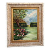 Old Oil Painting Canvas Garden Tree Flowers Rose Countryside Landscape