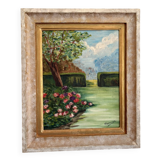 Old Oil Painting Canvas Garden Tree Flowers Rose Countryside Landscape