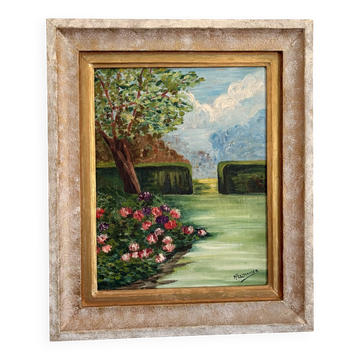 Ancien Tableau Peinture Huile Toile Jardin Arbre Fleurs Rose Campagne Paysa