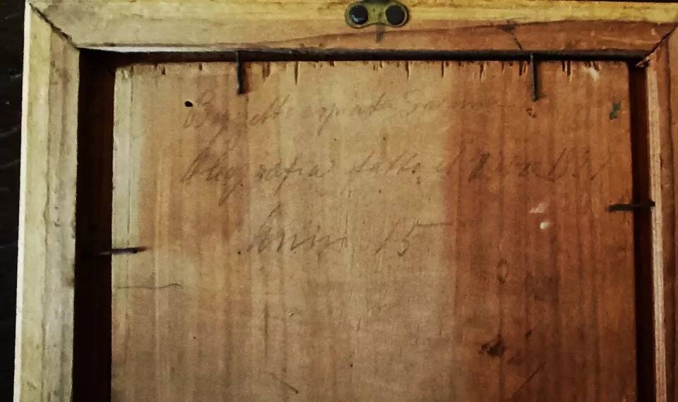 Peinture sur panneau à cadre paysan doré signée 1915