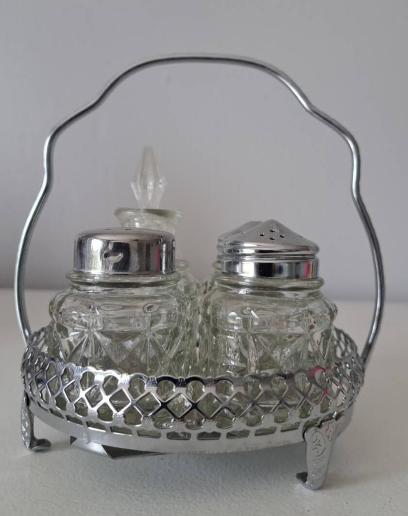 Service à condiments vintage en verre et métal