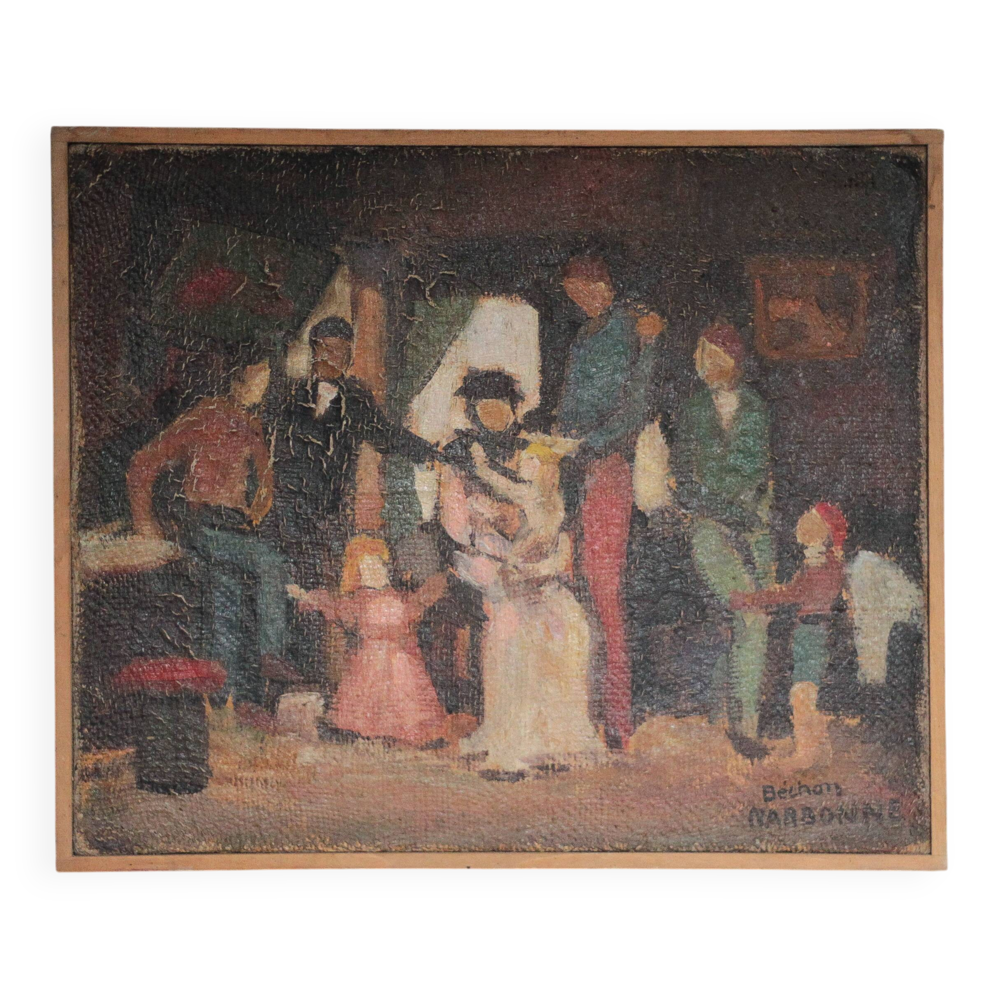 Painting signed Béchon-Sauzeau, oil on canvas, scene of characters.