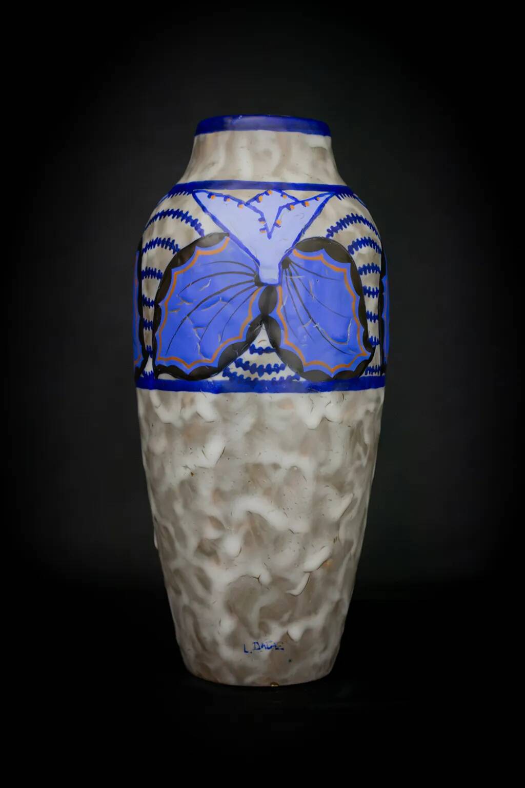 Vase Art déco en grès émaillé de Louis Dage, motifs papillon, circa 1930