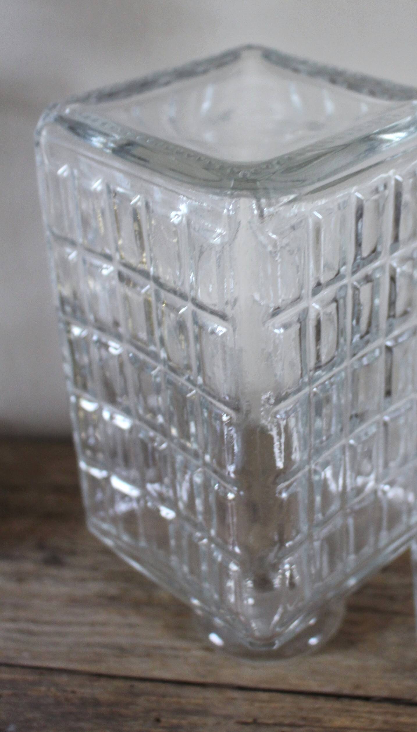 Vintage glass water carafe with rectangular vase.