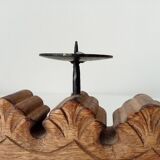 Vintage chandelier in solid oak and wrought iron.