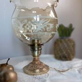 Table lamp with bronze base, round globe with amber and granite ruffles, retro chic