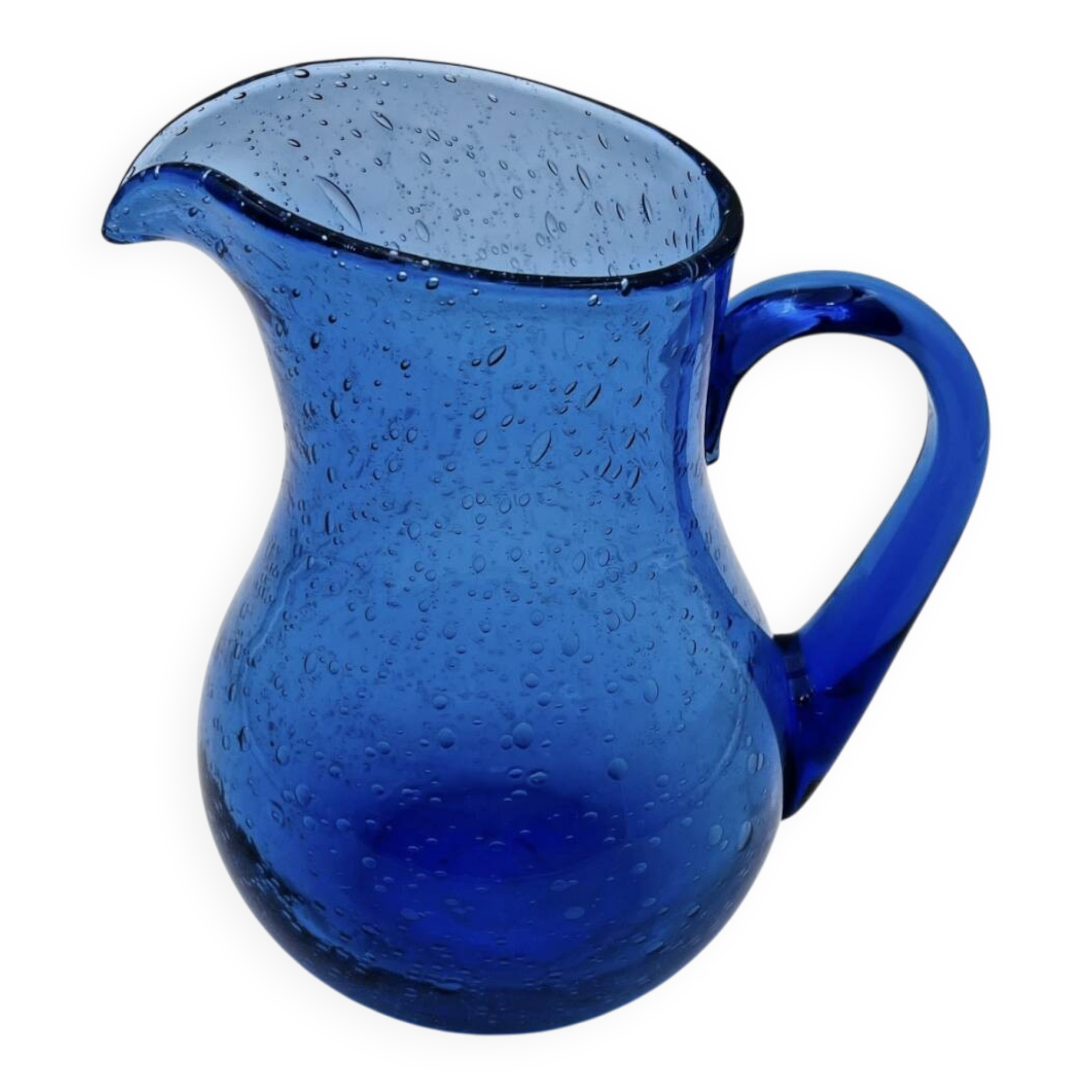 Blue bubble glass pitcher signed Biot