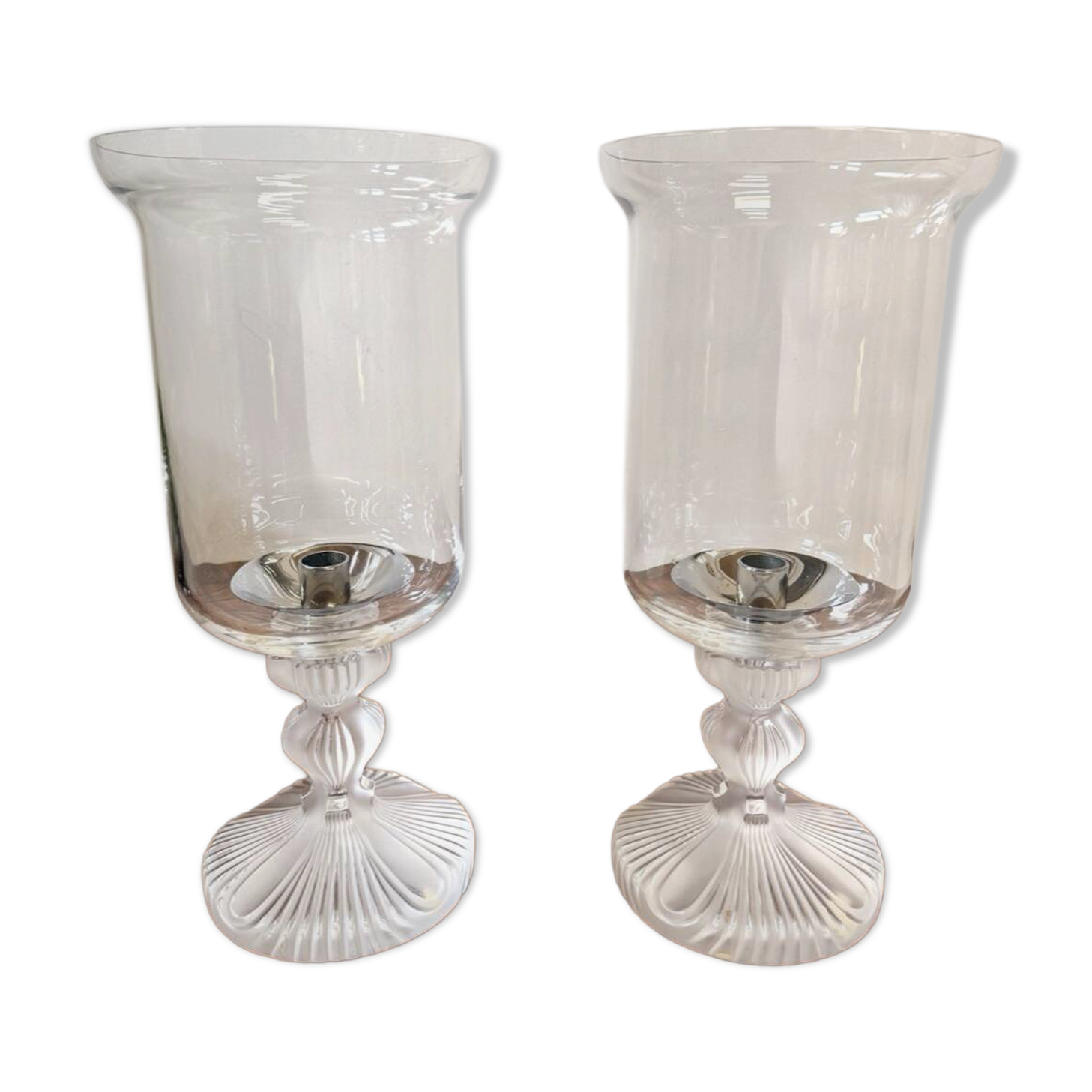 Pair of Lalique FRANCE crystal tealight holders – “Ouragan” model