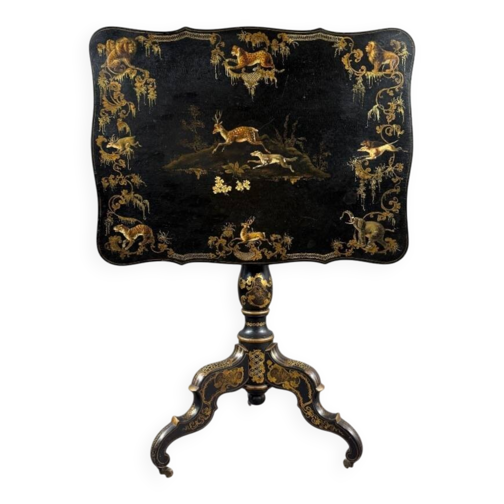 Table pliante Napoléon III en bois laqué noir et décor doré, XIXe siècle