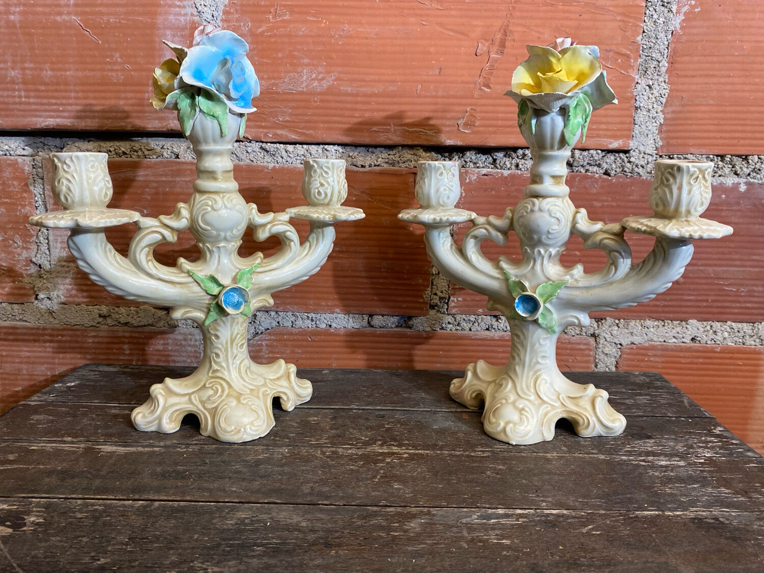 Pair of Double Candelabra Candle Holders CAPODIMONTE Polychrome Ceramic