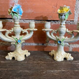 Pair of Double Candelabra Candle Holders CAPODIMONTE Polychrome Ceramic