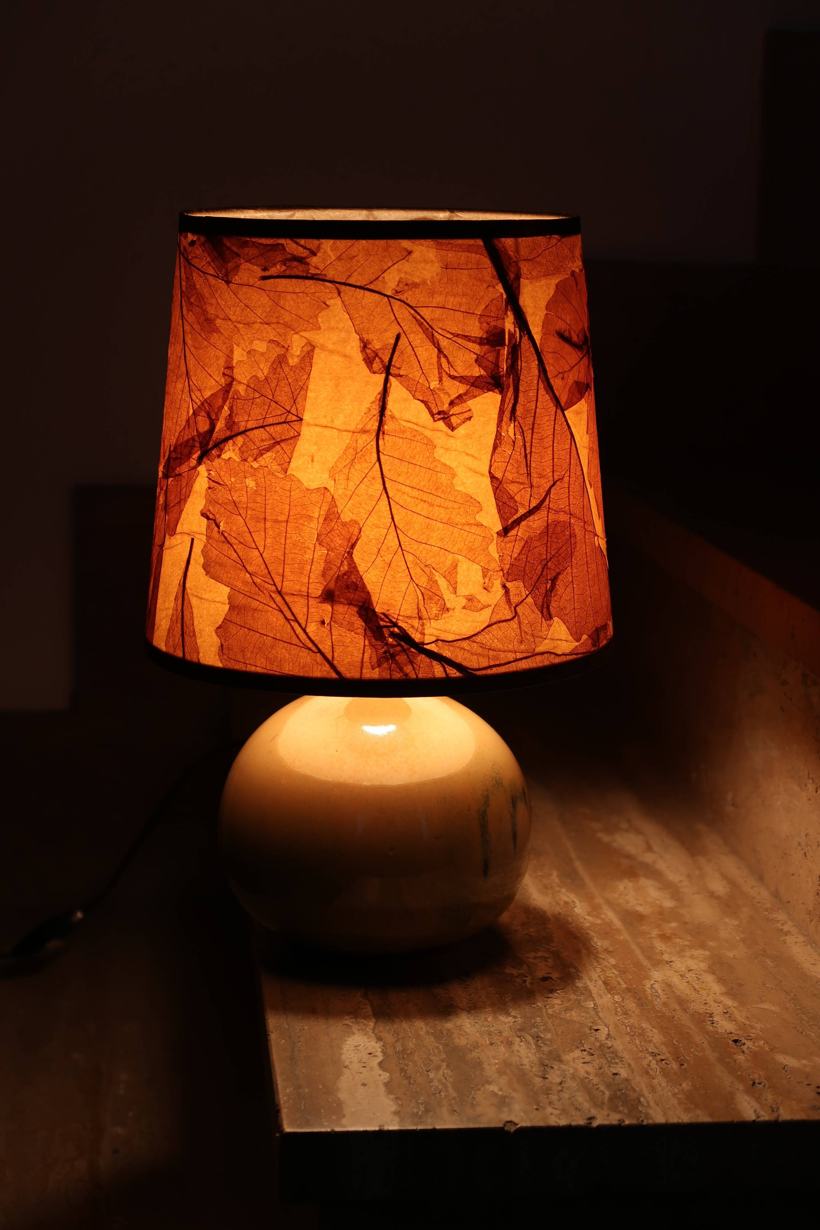 Beige ceramic lamp, herbarium-style lampshade, 70s