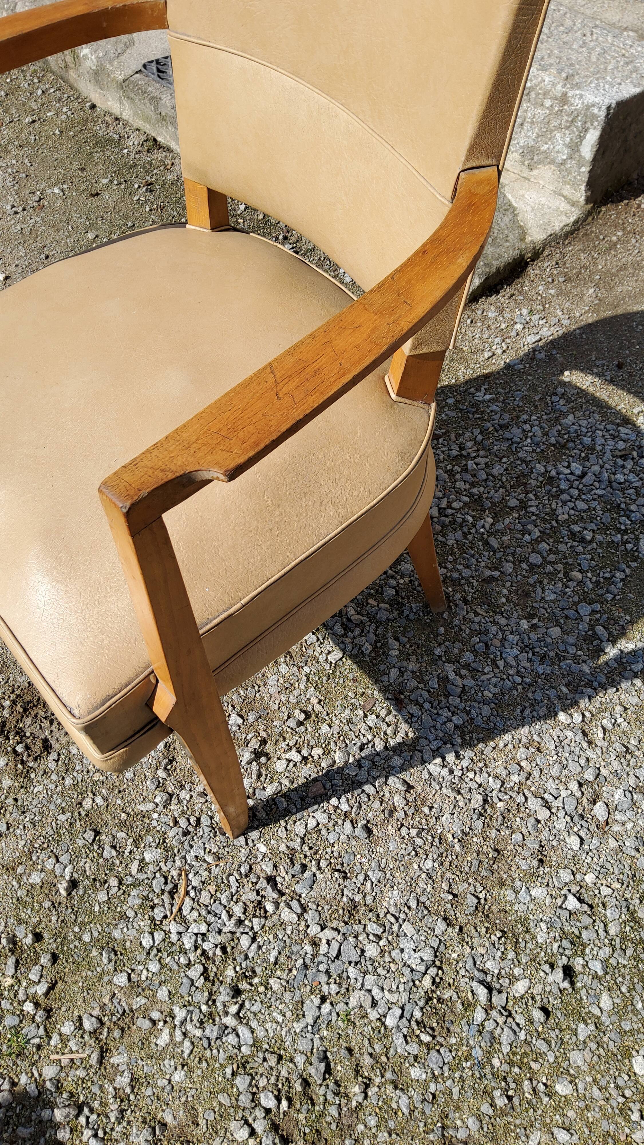 Office armchair from the 50s in beech tinted sycamore and moleskine