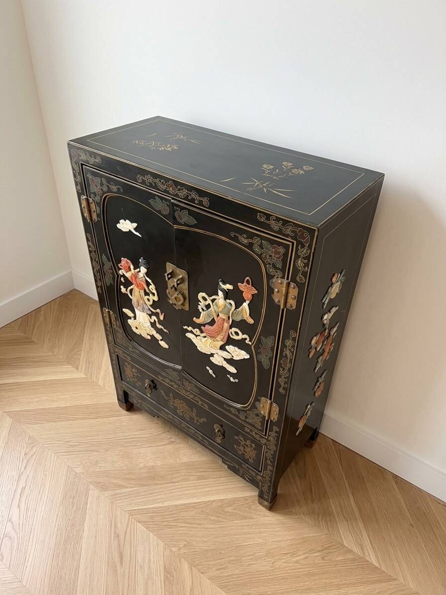 Meuble de rangement chinois vintage laqué noir