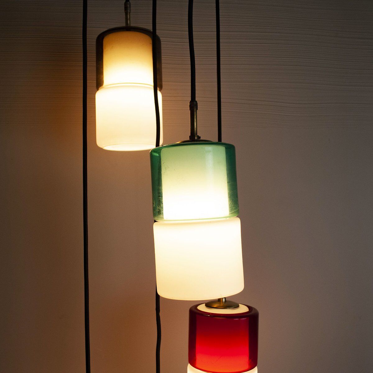 Hanging lamp with five elements in white opaline glass and coloured Murano glass by Putzler Pelill Production, 1960s.