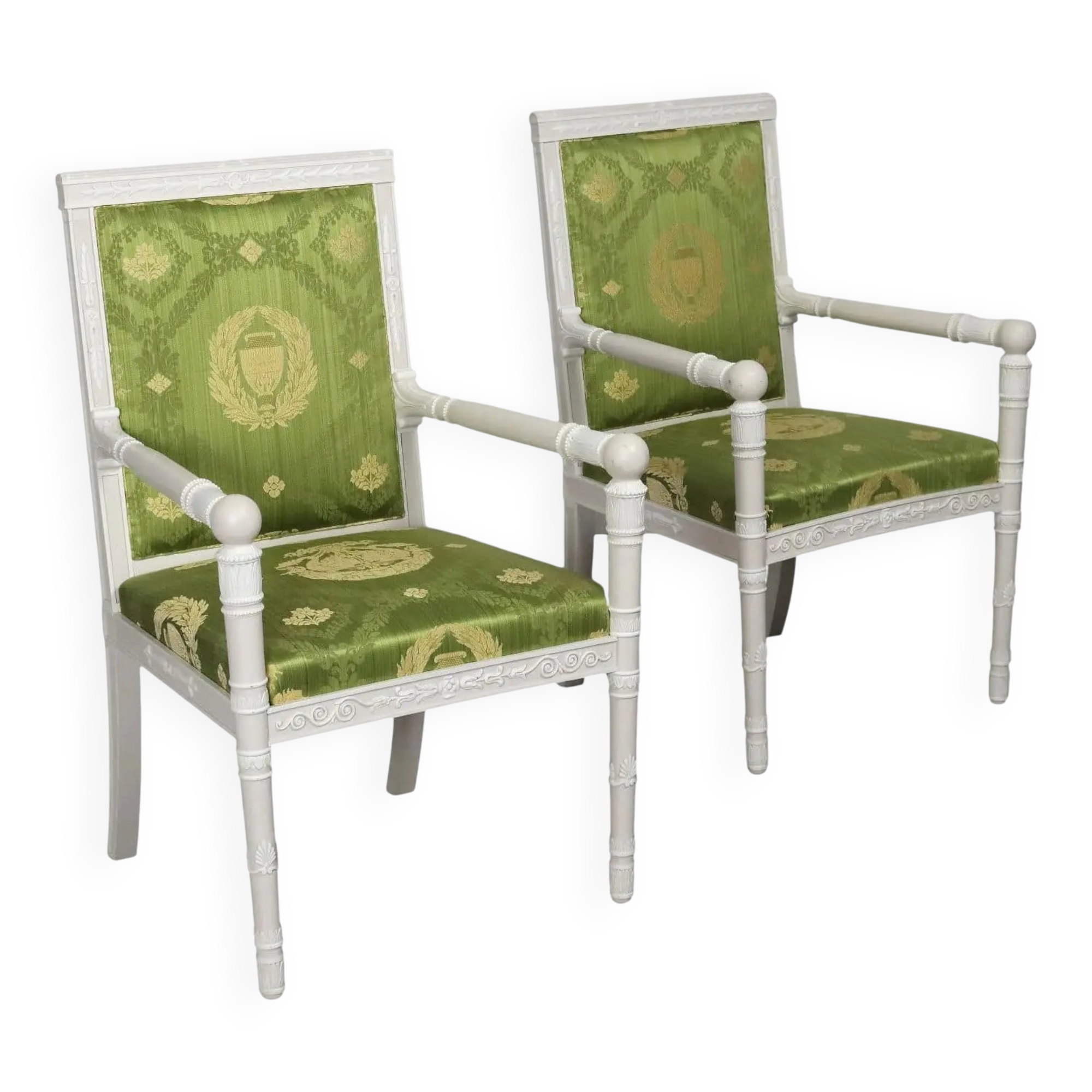 Antique lacquered wooden armchairs with decorations, Italy, 20th century