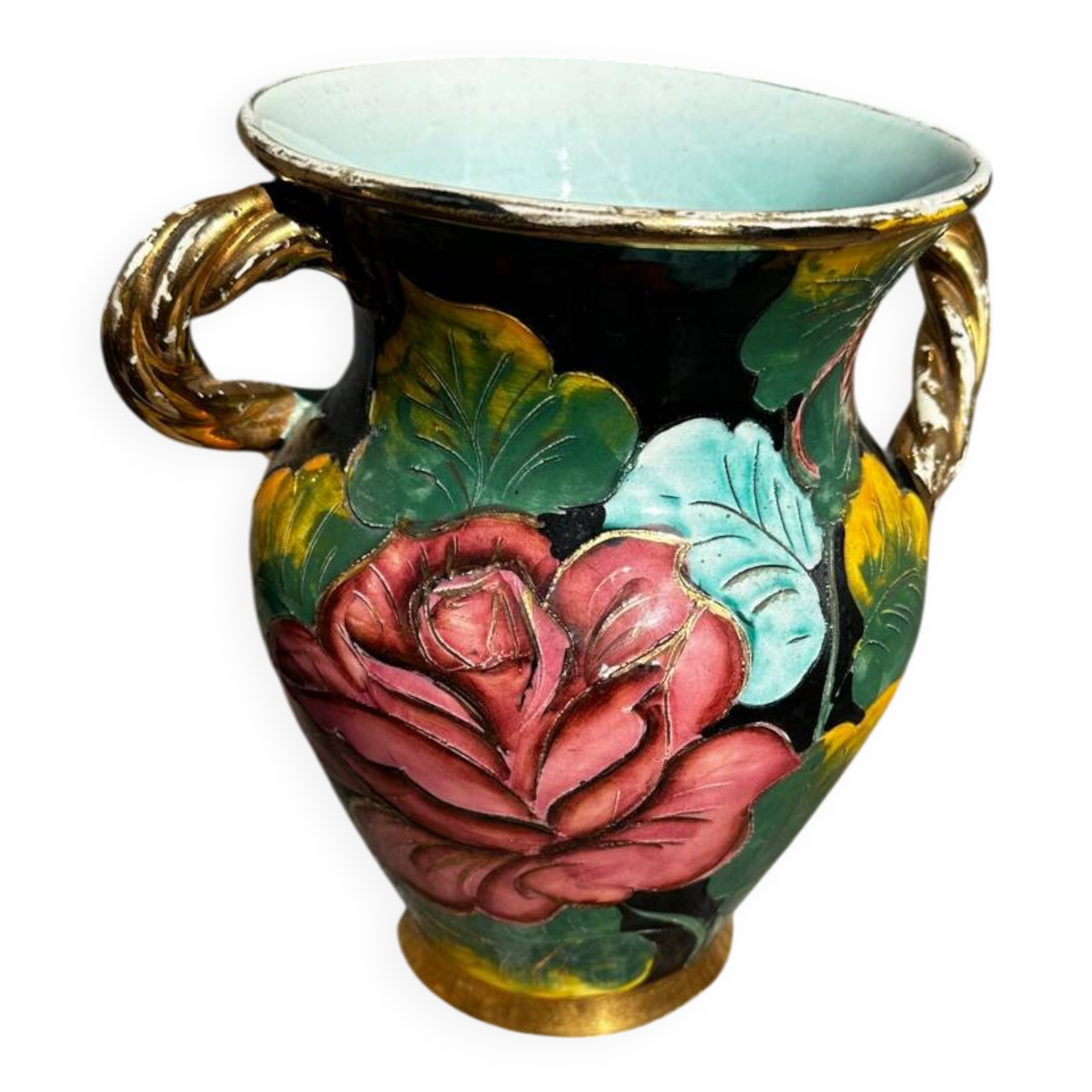 Vintage vase with floral decoration, Vallauris ceramic, 21 cm high