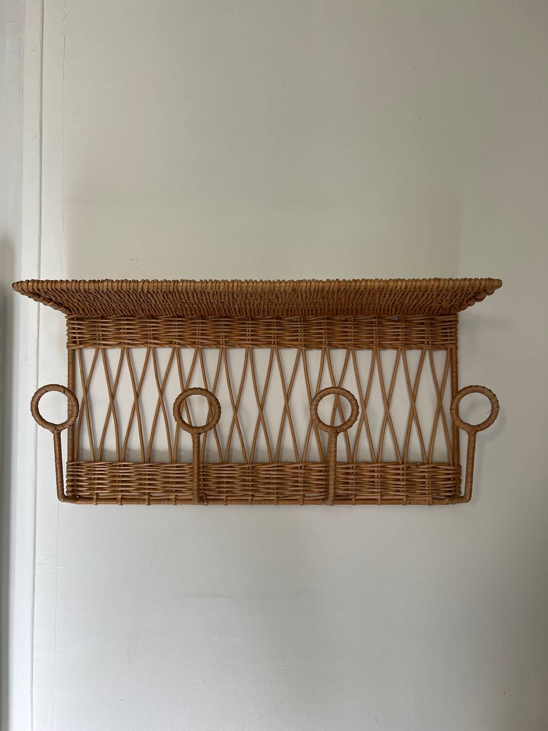 Vintage rattan coat rack wall shelf