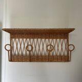 Vintage rattan coat rack wall shelf