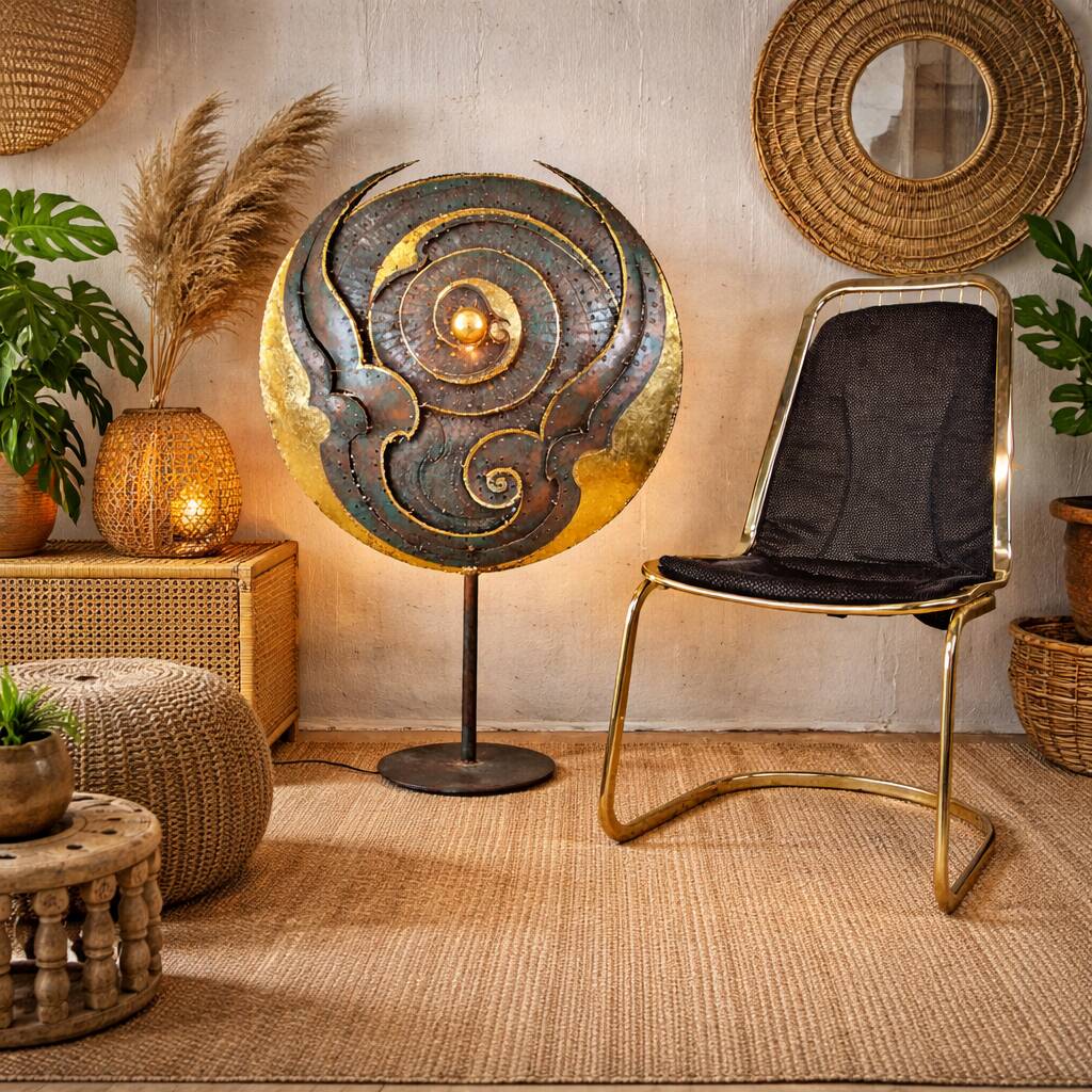 Unique large metal Thai art sculpture floor lamp goldleaf