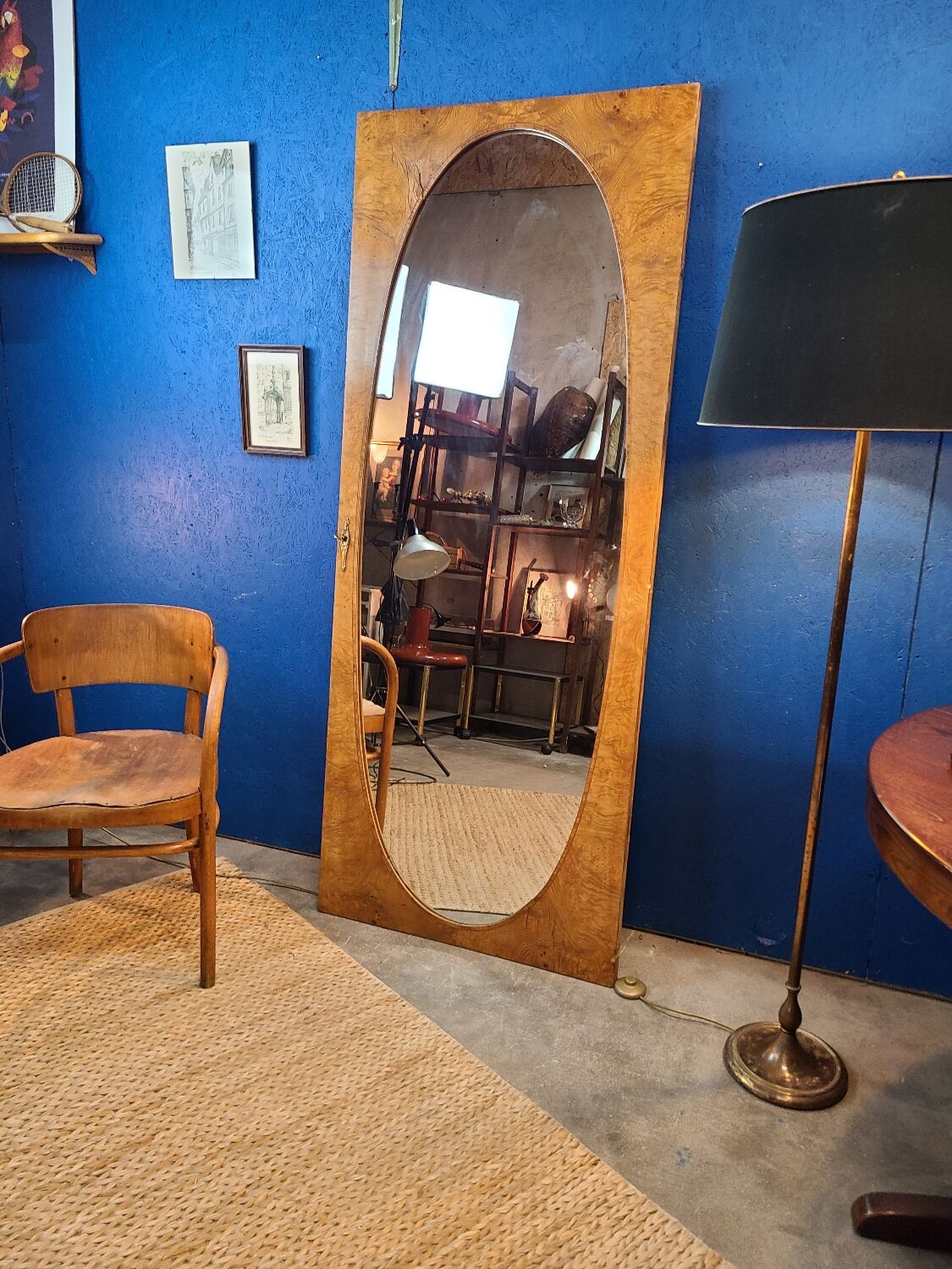 Miroir vintage géant bois clair miroir ovale 1920