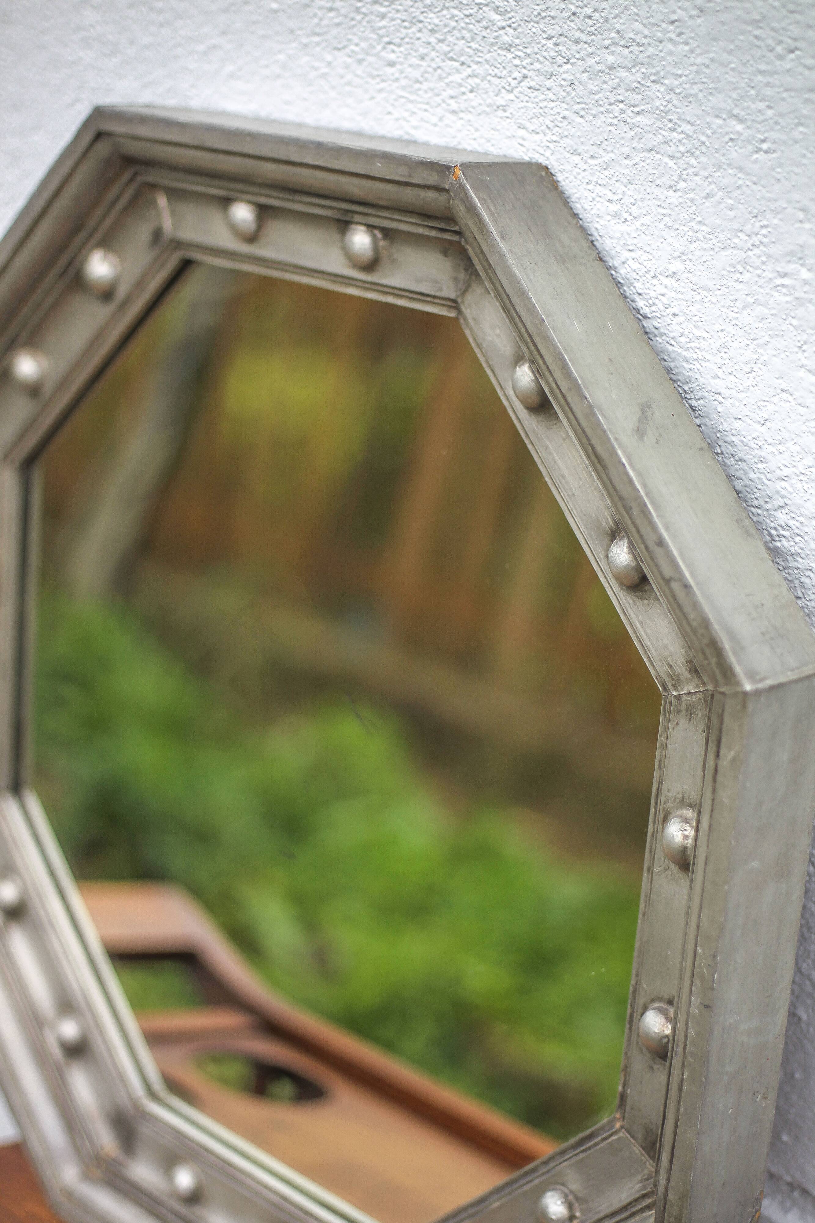 Vintage mirror, wooden mirror covered with tin, tin mirror from the 60s