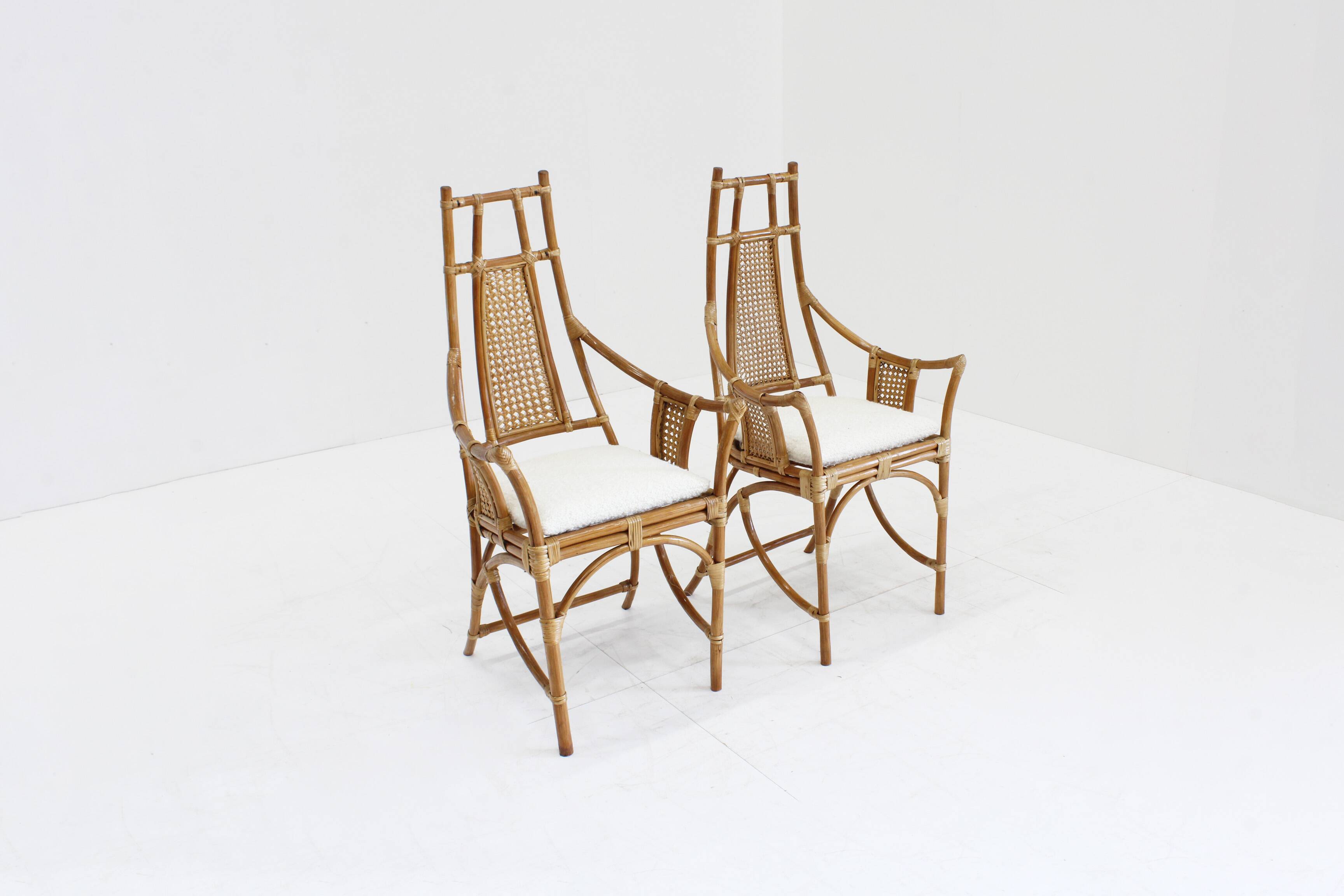 Vintage Bamboo and Rattan Armchairs with Bouclé Cushions, 1970s , set of 2