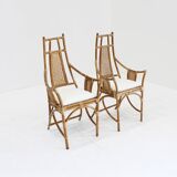 Vintage Bamboo and Rattan Armchairs with Bouclé Cushions, 1970s , set of 2