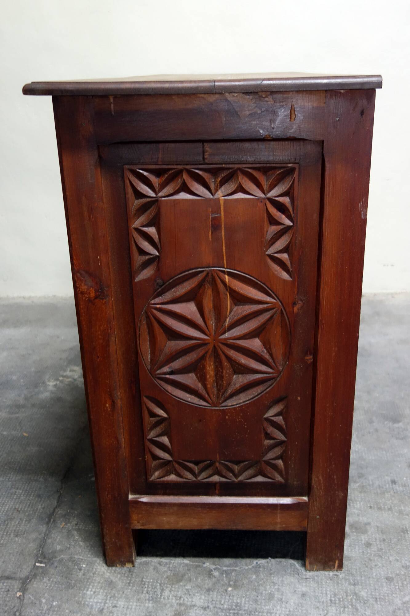 Carved pine sideboard, mountain folk art, 1950s