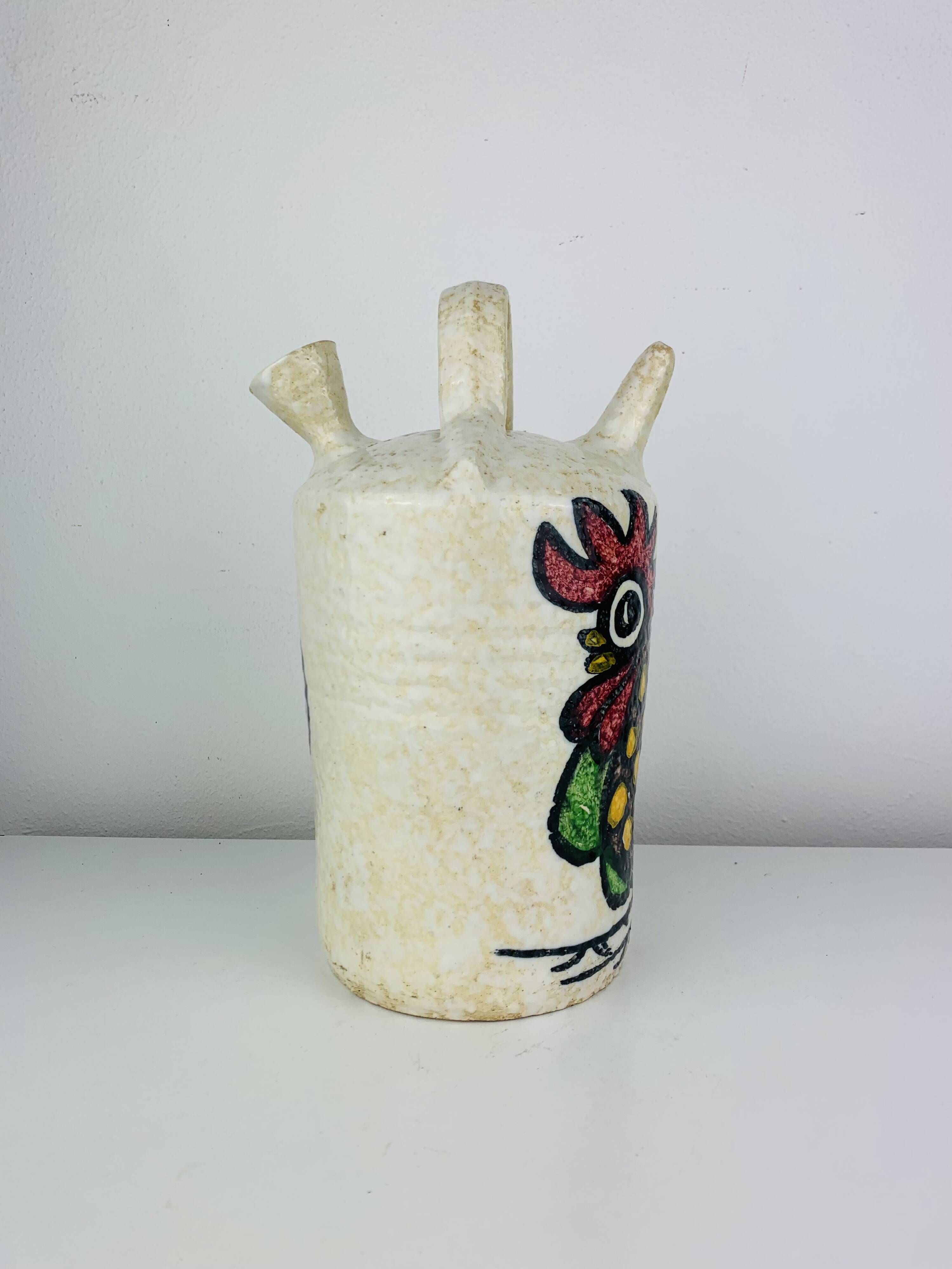 Ceramic pitcher jug by Pablo Sanguino, rooster, 1960s