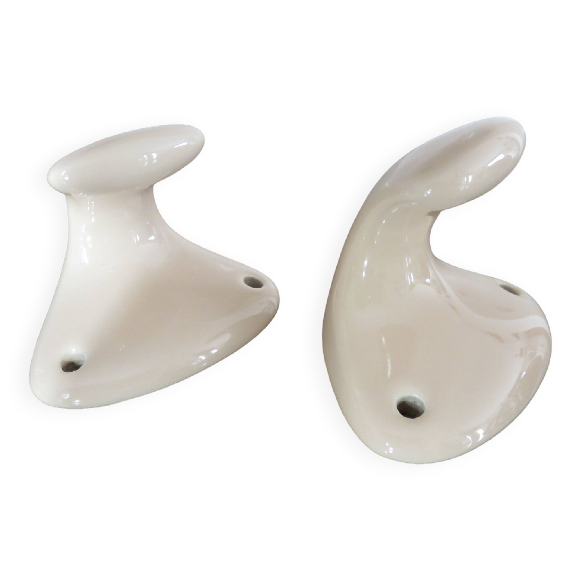 Pair of salmon-colored art deco porcelain hooks from the 30s and 40s