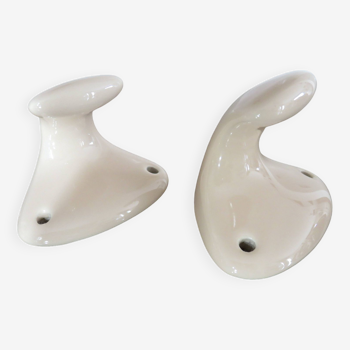 Pair of salmon-colored art deco porcelain hooks from the 30s and 40s