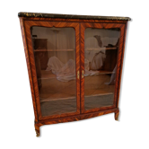 Napoleon III display cabinet in marquetry, Louis XV style, black marble, gilded bronze.