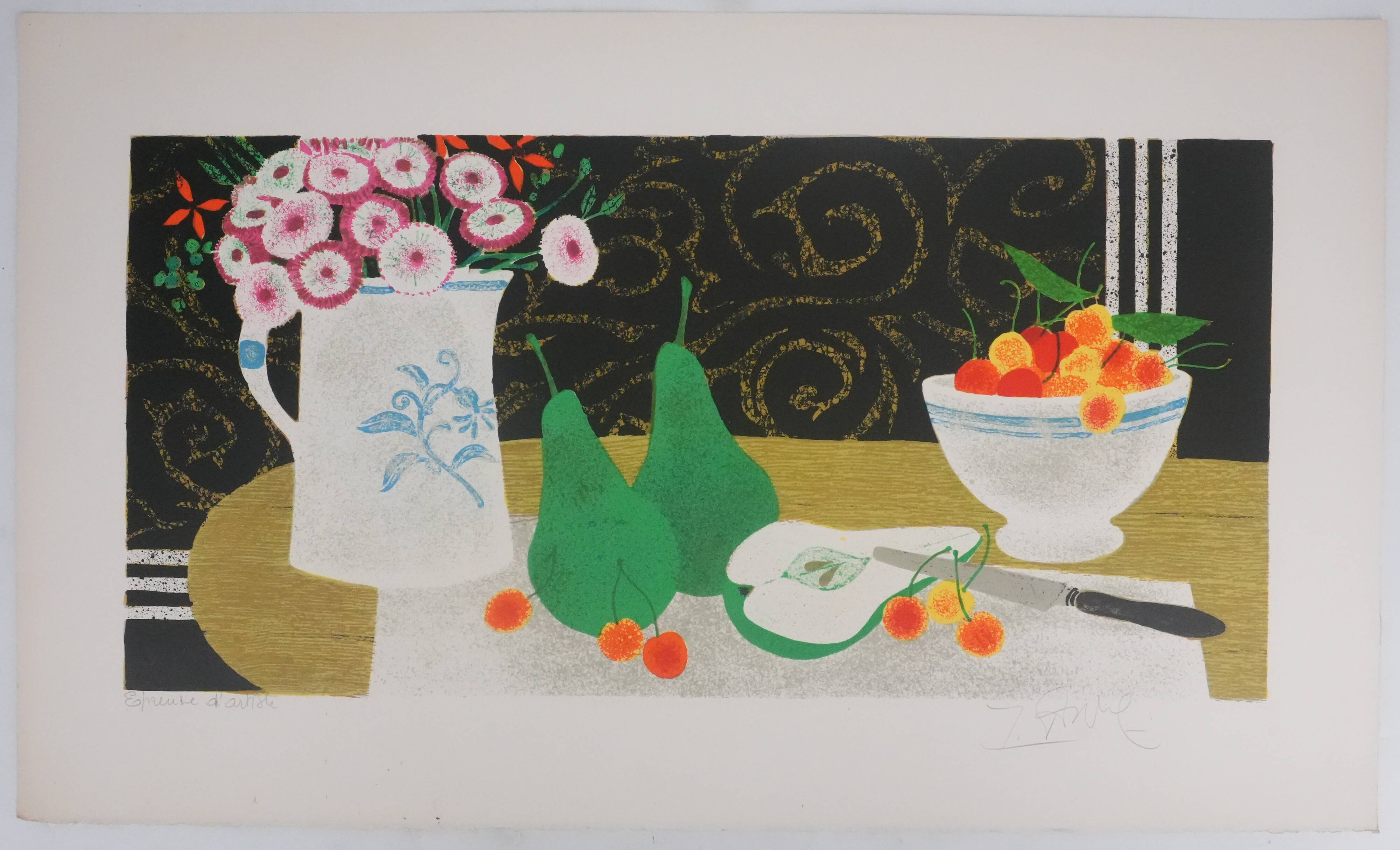 Yves Ganne: Still Life with Pears, original signed lithograph