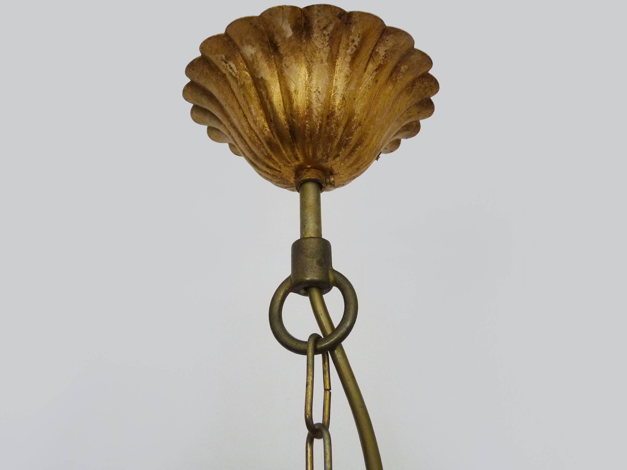 Lustre vintage 3 feux en métal blanc et doré vieilli, feuilles de palmier