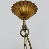 Lustre vintage 3 feux en métal blanc et doré vieilli, feuilles de palmier