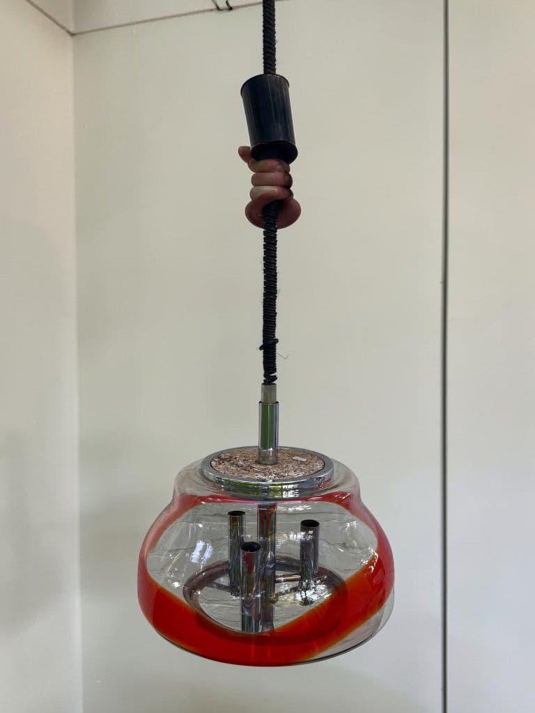 Suspension vintage en verre Murano / lustre avec accent orange