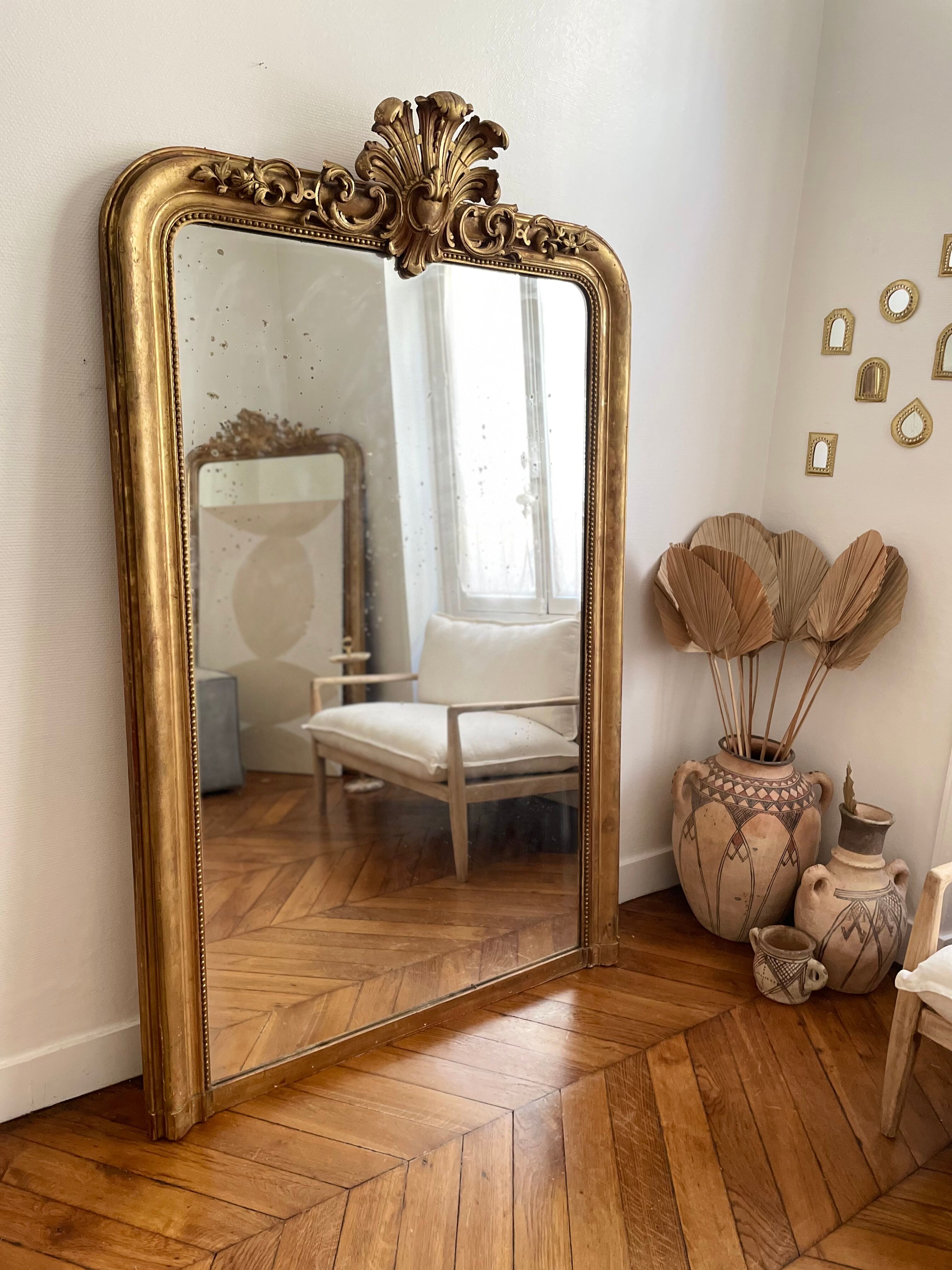 Old mirror louis Philippe Dore gold leaf pediment gilded fireplace