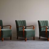 Danish Art Deco, set of 3 oak armchairs, reupholstered in green mohair, 1930s.