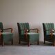 Danish Art Deco, set of 3 oak armchairs, reupholstered in green mohair, 1930s.