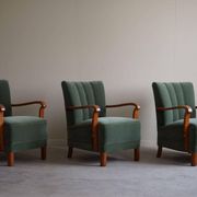 Danish Art Deco, set of 3 oak armchairs, reupholstered in green mohair, 1930s.