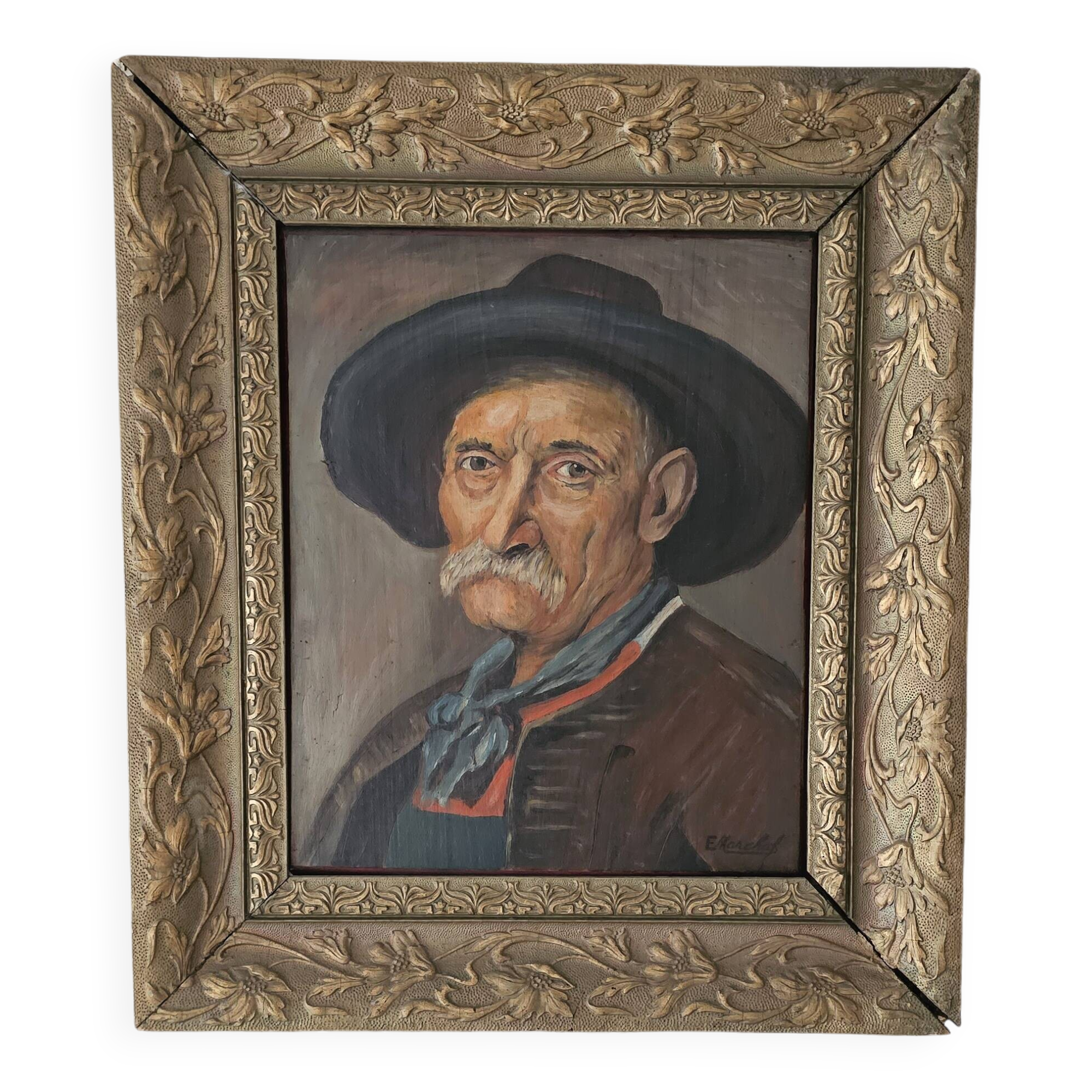 Oil painting on panel, The Mustachioed Man in a Hat, Signed E. Marchal