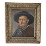 Oil painting on panel, The Mustachioed Man in a Hat, Signed E. Marchal
