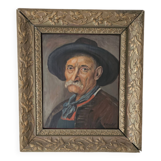 Oil painting on panel, The Mustachioed Man in a Hat, Signed E. Marchal