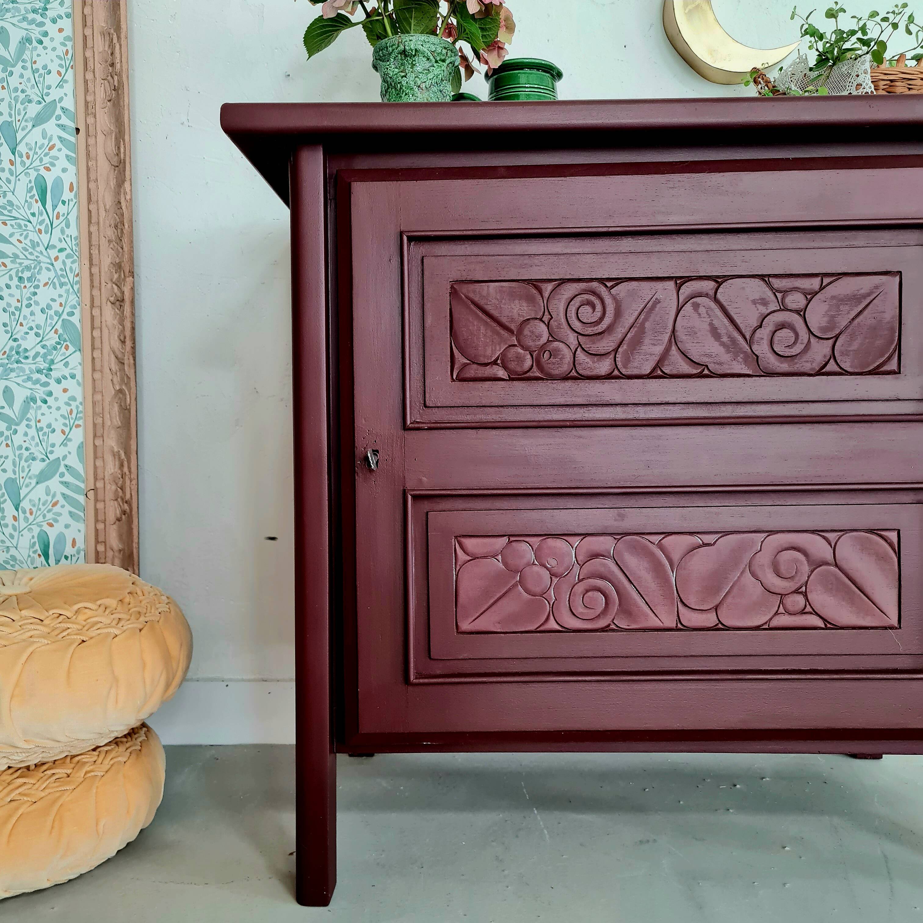 Bahut old art deco flowers garnet pink