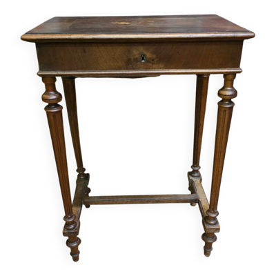 Table à ouvrage ancienne en bois, plateau marqueté et miroir intérieur