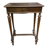 Antique wooden work table, inlaid top and interior mirror.
