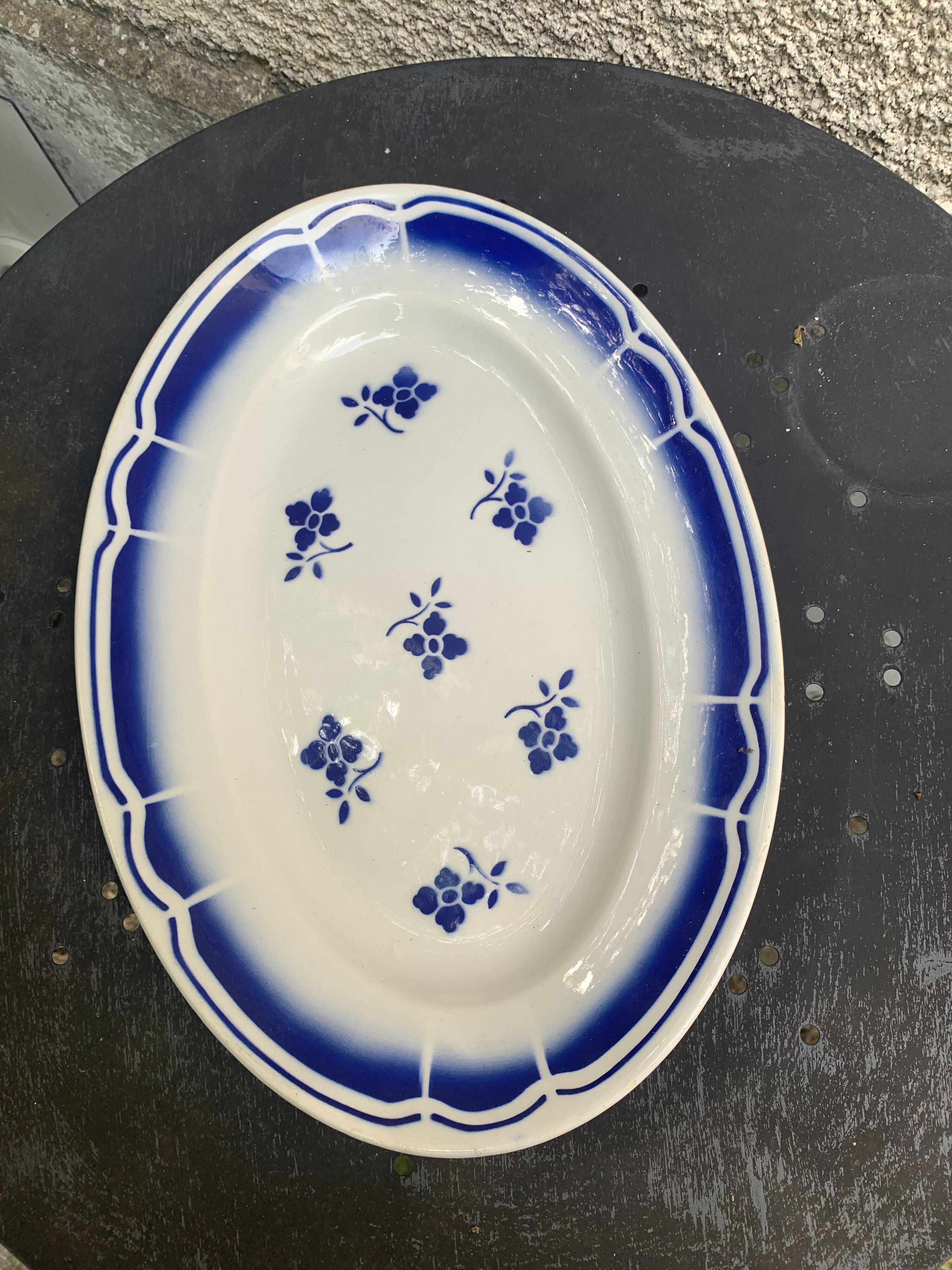 Art Deco earthenware blue flower serving dish